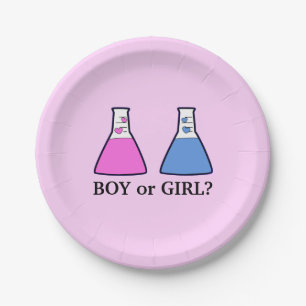 Pink Gender Reveal Science Beaker with Hearts Baby Paper Plate