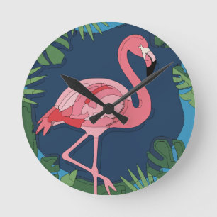 Pink Geo Flamingo with Name Round Clock