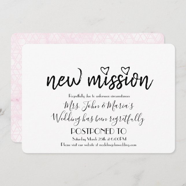 Pink Geo Marble New Mission Wedding Date Change Invitation (Front/Back)