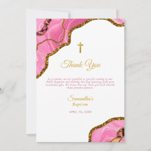 Pink Geode Agate Gold Cross Baptism Christening Thank You Card
