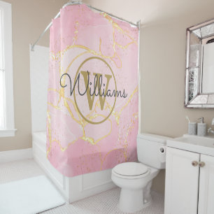 Pink Geode Agate Gold Monogram Script Name Shower Curtain