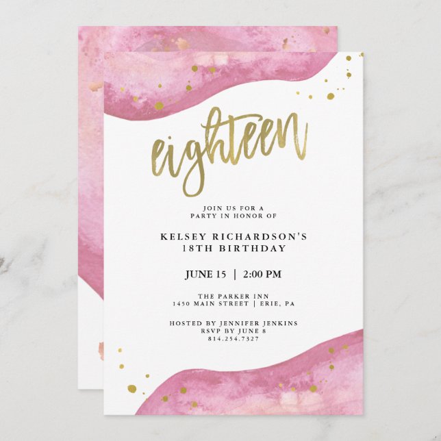 Pink Geode and Faux Gold Look | 18th Birthday Invitation (Front/Back)