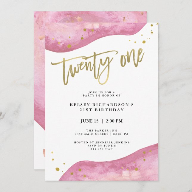Pink Geode and Faux Gold Look | 21st Birthday Invitation (Front/Back)