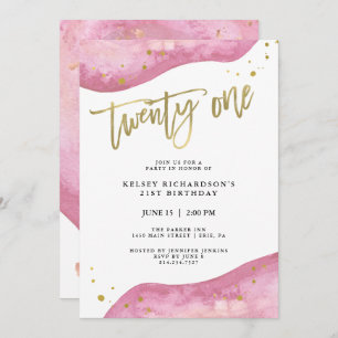 Pink Geode and Faux Gold Look   21st Birthday Invitation
