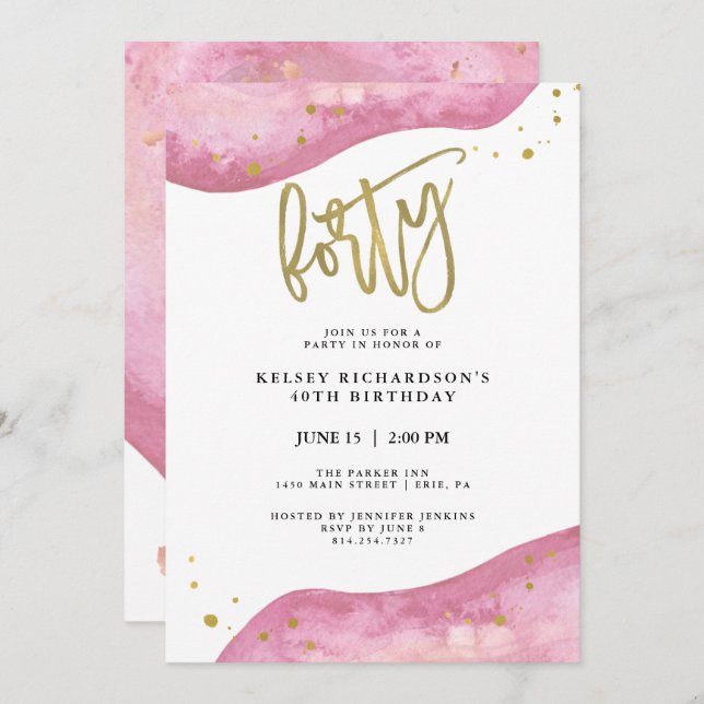 Pink Geode and Faux Gold Look | 40th Birthday Invitation (Front/Back)