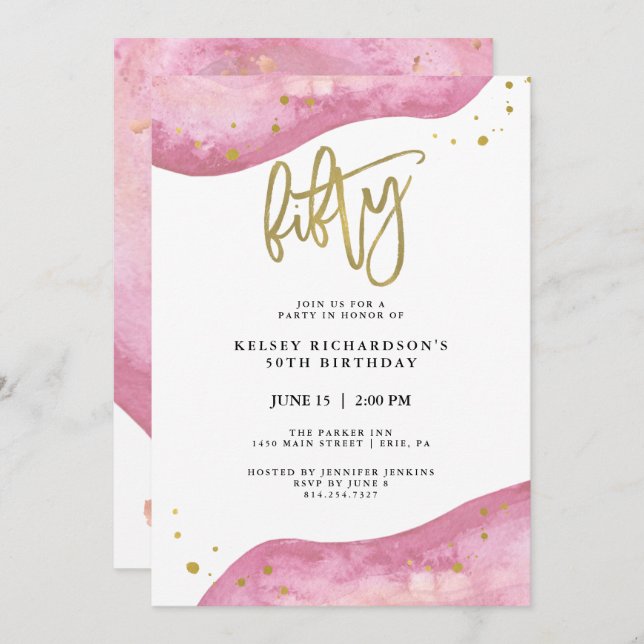 Pink Geode and Faux Gold Look | 50th Birthday Invitation (Front/Back)