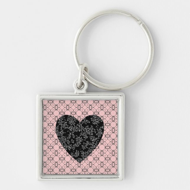 Pink Geometric-Black Flake Lace Heart Keychain (Front)