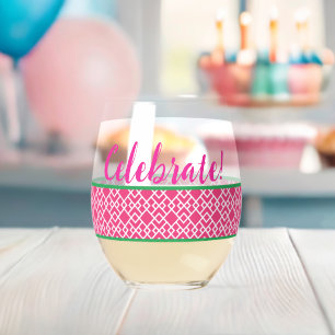 Pink Geometric Celebrate Stemless Wine Glass