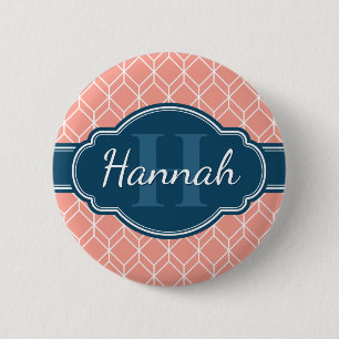 Pink Geometric Diamond Pattern Blue Monogram 6 Cm Round Badge