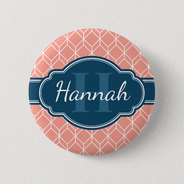 Pink Geometric Diamond Pattern Blue Monogram 6 Cm Round Badge (Front)
