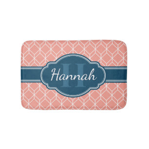 Pink Geometric Diamond Pattern Blue Monogram Bath Mat