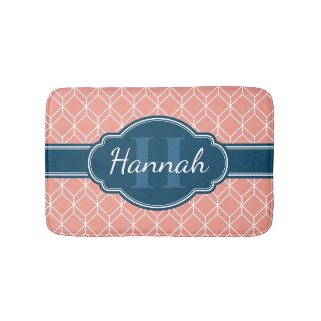 Pink Geometric Diamond Pattern Blue Monogram Bath Mat (Front)