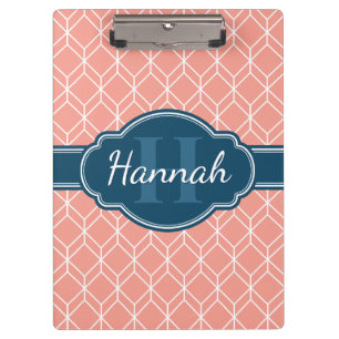 Pink Geometric Diamond Pattern Blue Monogram Clipboard