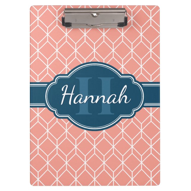 Pink Geometric Diamond Pattern Blue Monogram Clipboard (Front)