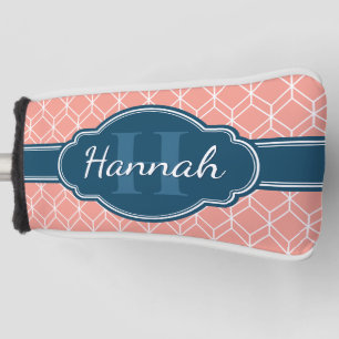Pink Geometric Diamond Pattern Blue Monogram Golf Head Cover