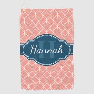 Pink Geometric Diamond Pattern Blue Monogram Golf Towel