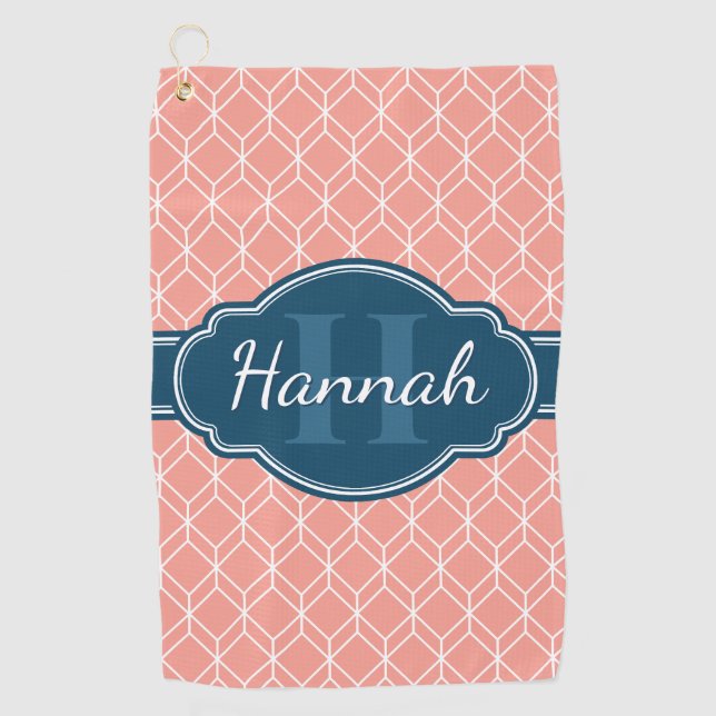Pink Geometric Diamond Pattern Blue Monogram Golf Towel (Front)