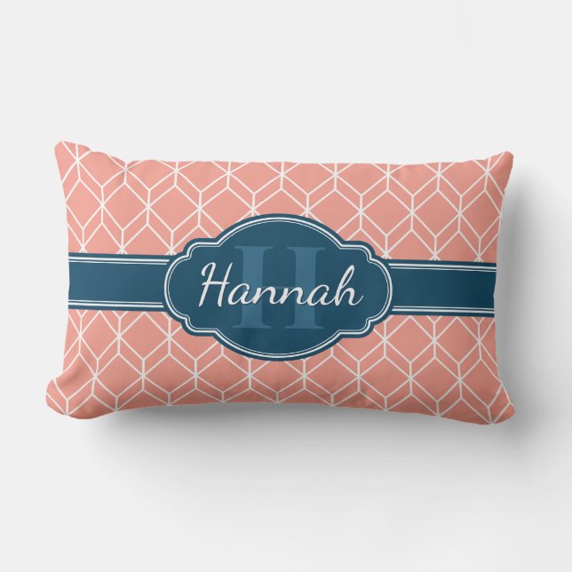 Pink Geometric Diamond Pattern Blue Monogram Lumbar Cushion (Front)
