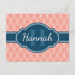 Pink Geometric Diamond Pattern Blue Monogram Postcard