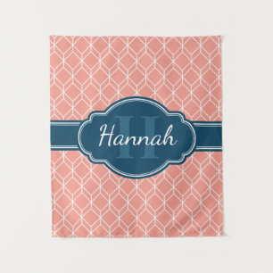 Pink Geometric Diamond Pattern Blue Monogram Tapestry