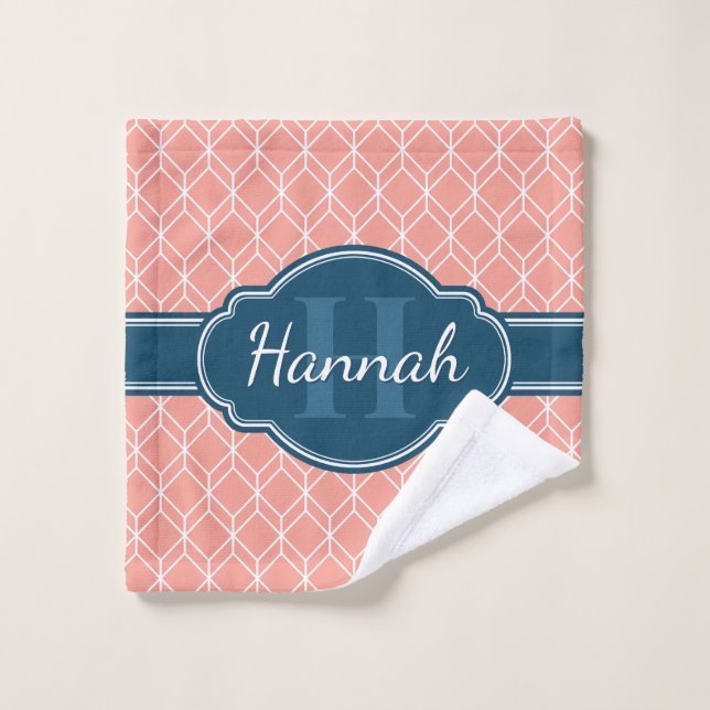 Pink Geometric Diamond Pattern Blue Monogram Wash Cloth (Wash Cloth)