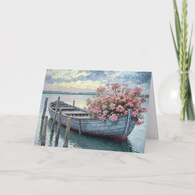 Pink Geraniums In A Rowboat Thinking of You Card (Front)