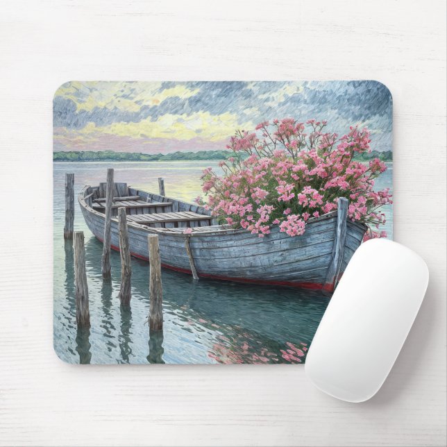 Pink Geraniums In a Rustic Rowboat Mouse Pad (With Mouse)