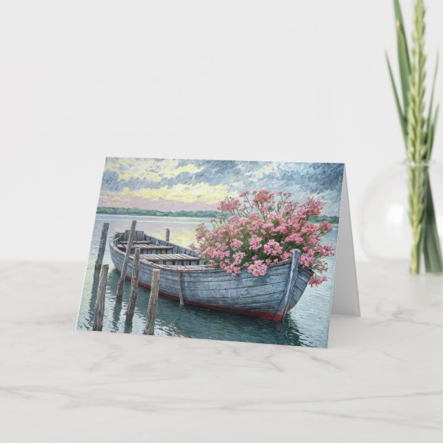 Pink Geraniums In A Wooden Rowboat Sympathy Card (Front)