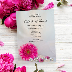 Pink Gerber Daisy and Buttons Wedding Invitation