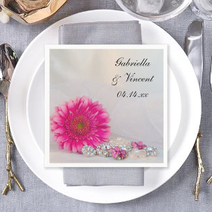 Pink Gerber Daisy and Diamond Buttons Wedding Napkin