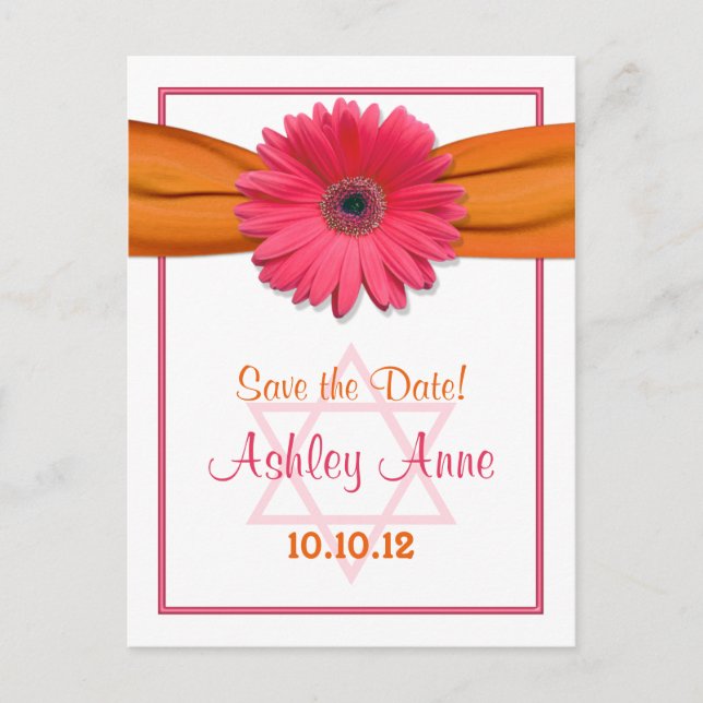 Pink Gerber Daisy Bat Mitzvah Save the Date Announcement Postcard (Front)