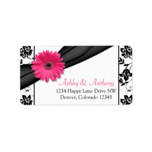 Pink Gerber Daisy Black Damask Wedding Address Label