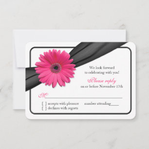 Pink Gerber Daisy Black Ribbon Wedding RSVP Card