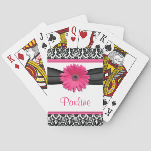 Pink Gerber Daisy Black White Damask Personalised Playing Cards