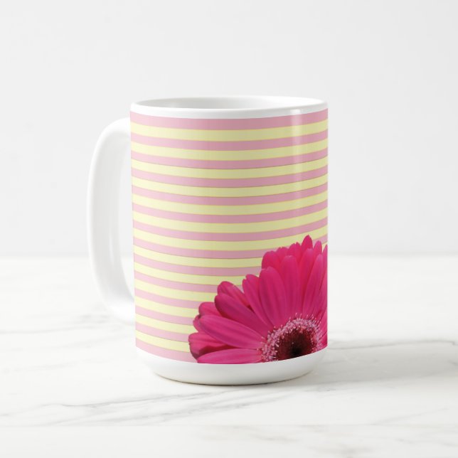 Pink Gerber Daisy Candy Stripe Coffee Mug (Front Left)