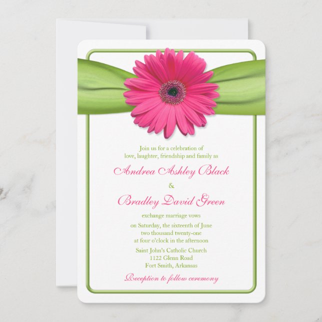 Pink Gerber Daisy Green Ribbon Wedding Invitation (Front)