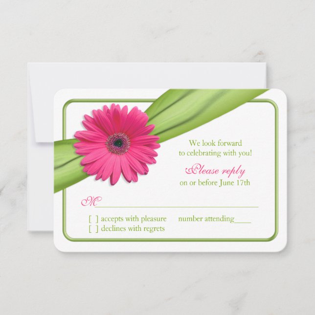 Pink Gerber Daisy Green Ribbon Wedding RSVP (Front)