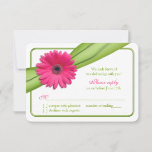 Pink Gerber Daisy Green Ribbon Wedding RSVP Card