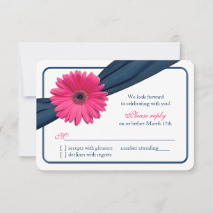 Pink Gerber Daisy Navy Blue Ribbon Wedding RSVP Card