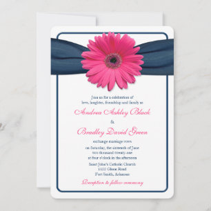 Pink Gerber Daisy Navy Ribbon Wedding Invitation