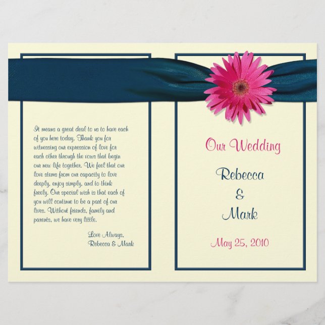 Pink Gerber Daisy Navy Ribbon Wedding Program (Front)