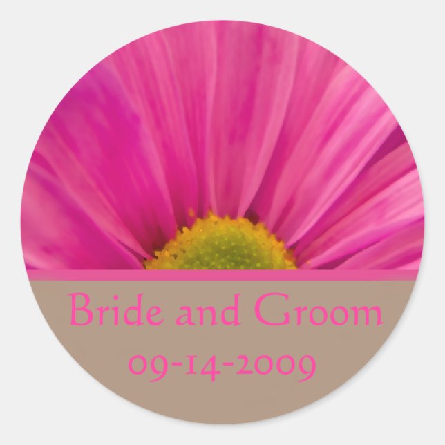 Pink Gerber Daisy on Tan Wedding Envelope Seal (Front)