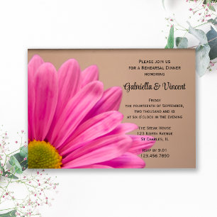 Pink Gerber Daisy on Tan Wedding Rehearsal Dinner Invitation