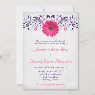 Pink Gerber Daisy Purple Grey Floral Wedding Invitation