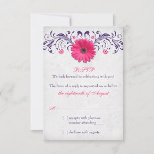 Pink Gerber Daisy Purple Grey Floral Wedding RSVP Card