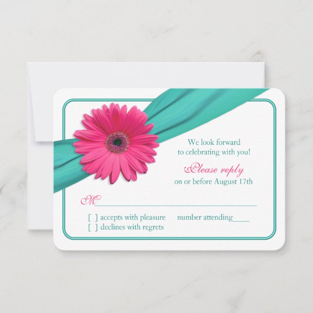Pink Gerber Daisy Turquoise Ribbon Wedding RSVP Card (Front)
