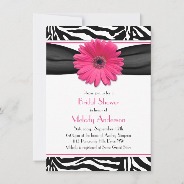 Pink Gerber Daisy Zebra Print Bridal Shower Invitation (Front)
