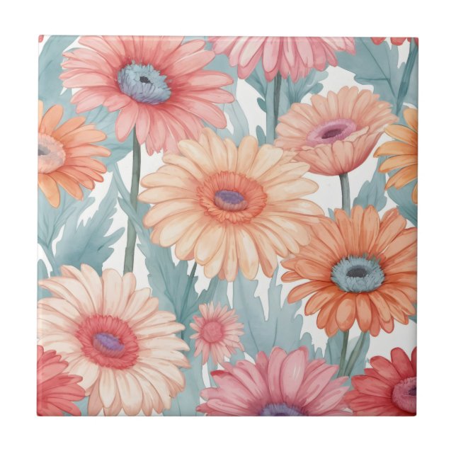 Pink gerber flowers print ceramic tile (Front)