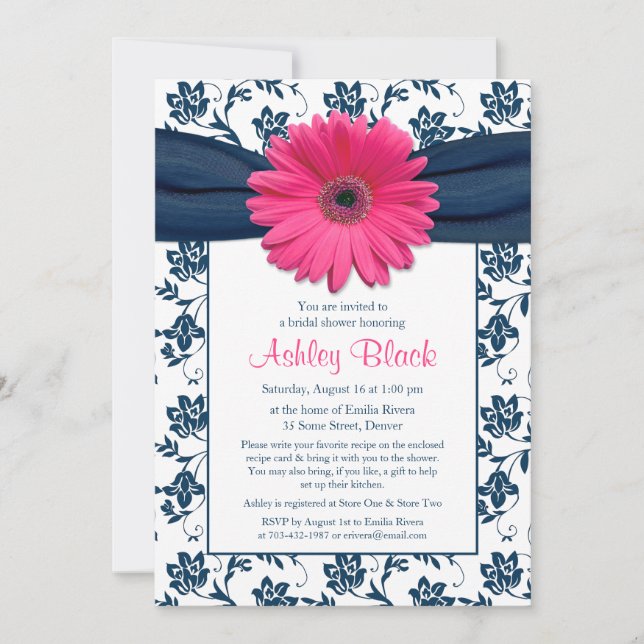 Pink Gerber Navy Damask Bridal Shower Invitation (Front)