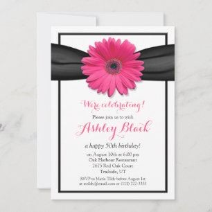 Pink Gerbera Black Ribbon Birthday Invitation